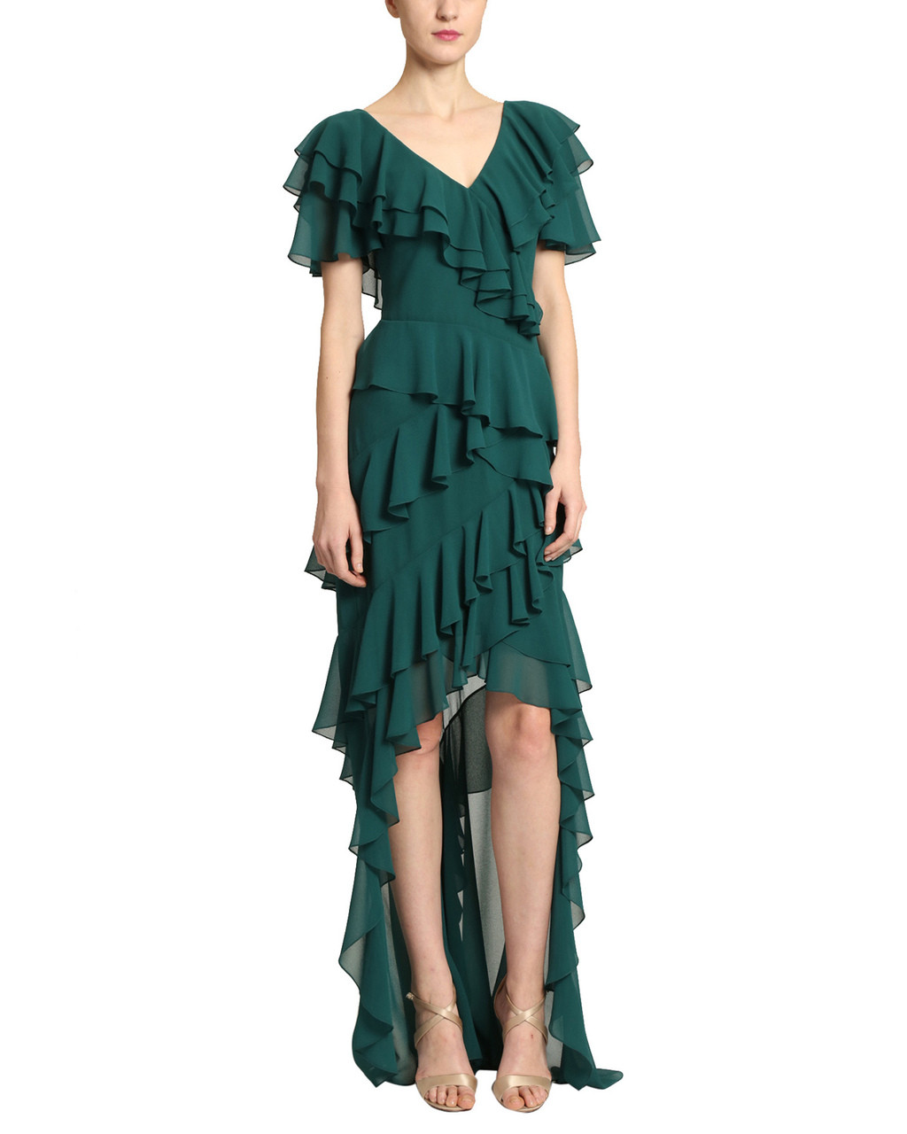 V-Neck Flutter Ruffle Gown by Badgley ...